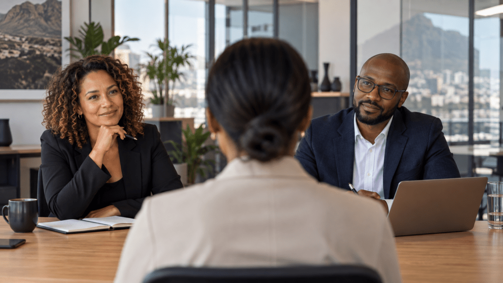 Candidate in a professional job interview with two interviewers in a modern South African corporate office.