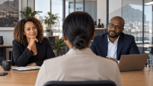 Candidate in a professional job interview with two interviewers in a modern South African corporate office.