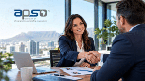 Recruitment consultant and client reviewing a shortlist at a meeting table.